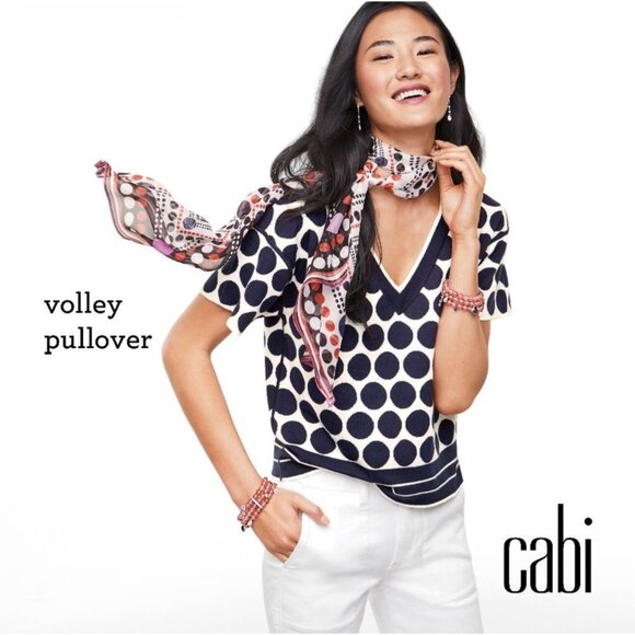Cabi Volley Polka Dot Pullover Reversible Short Sleeve Sweater Blue White Size S - Picture 1 of 11